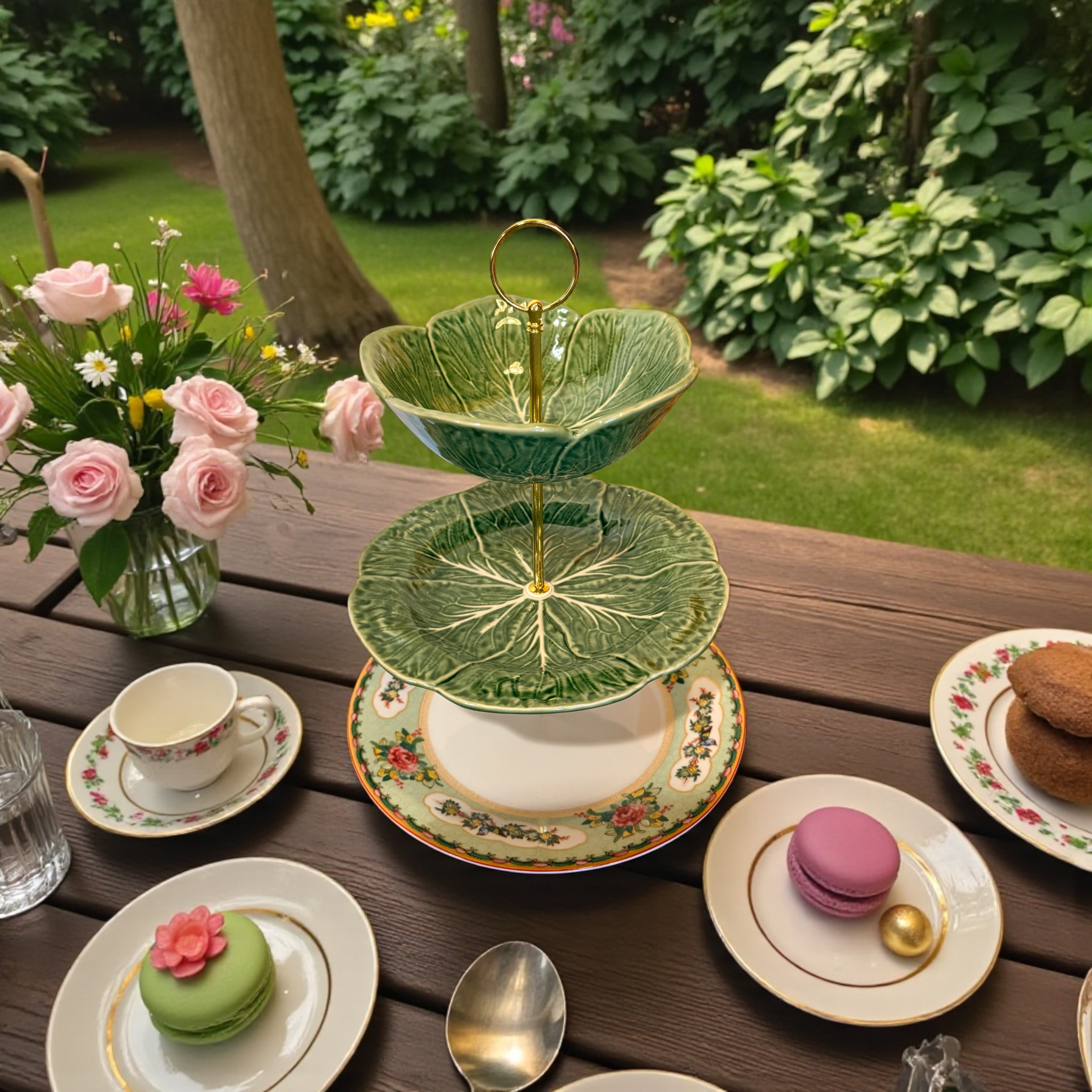 3-Tiered Famille Rose & Green Cabbage Serving Stand